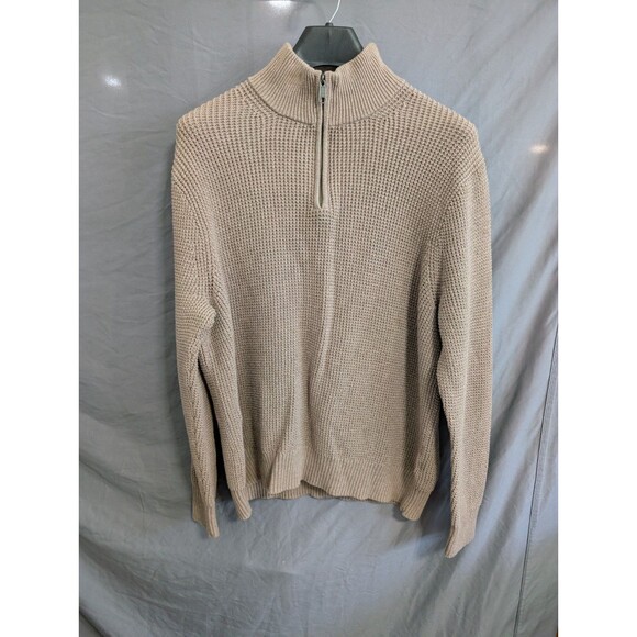J Crew Mens XL Tan Waffle Texture Cotton Knit 1/4 Zip Sweater Pullover - Picture 1 of 16